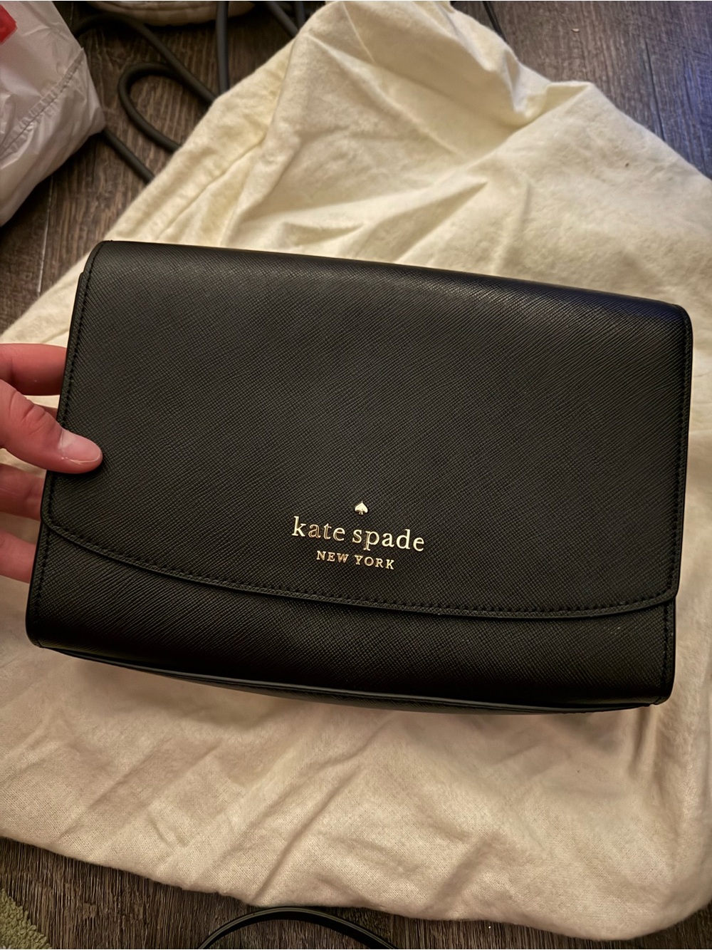 kate spade Black Leather Crossbody with Gold Logo